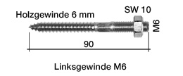 Holzschraube M6x90 mit Linksgewinde, Edelstahl